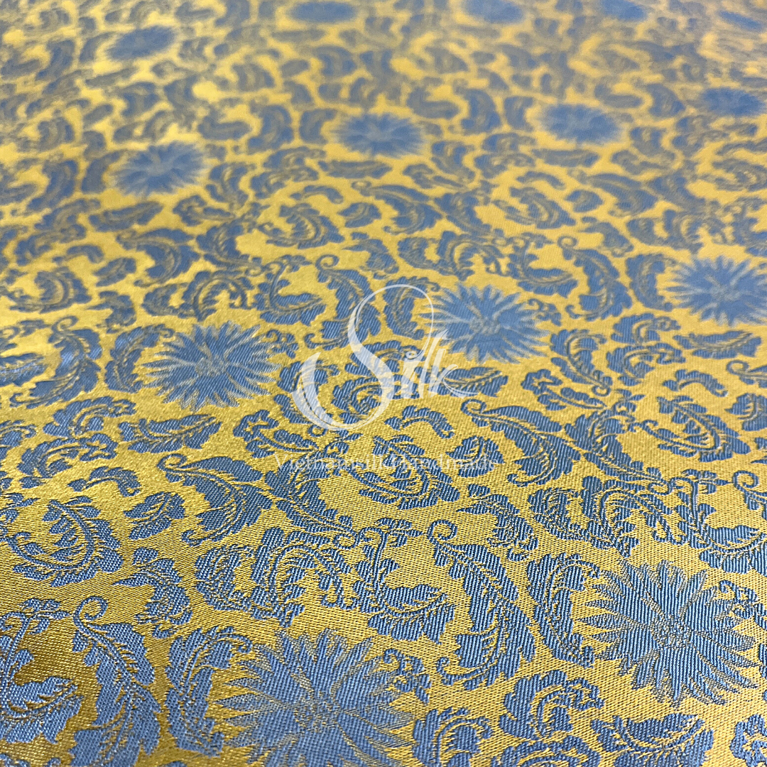 Golden Silk with Grey Flowers - PURE MULBERRY SILK fabric by the yard - Floral Silk -Luxury Silk - Natural silk - Handmade in VietNam