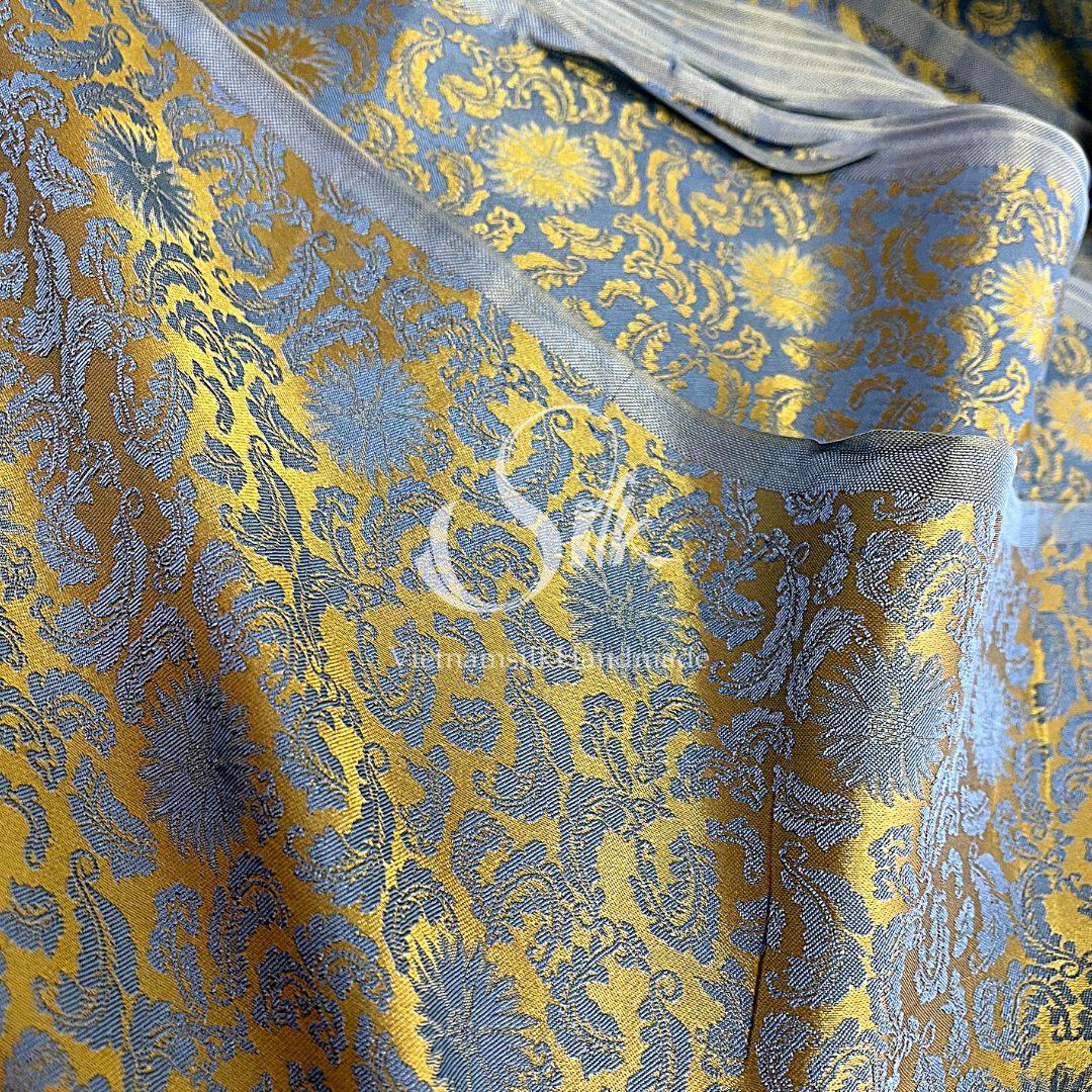Golden Silk with Grey Flowers - PURE MULBERRY SILK fabric by the yard - Floral Silk -Luxury Silk - Natural silk - Handmade in VietNam