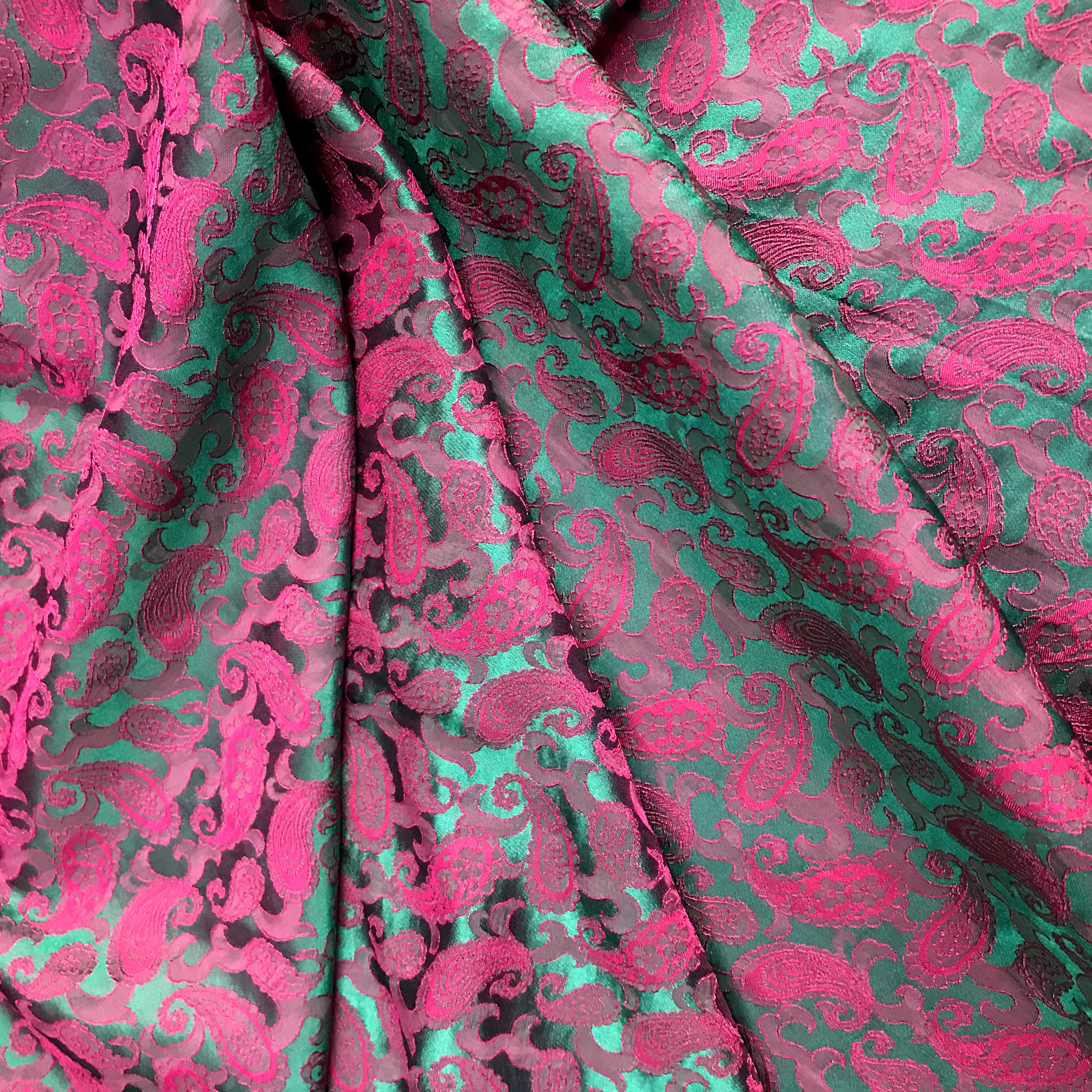 Green silk with Pink Paisley design - PURE MULBERRY SILK fabric by the