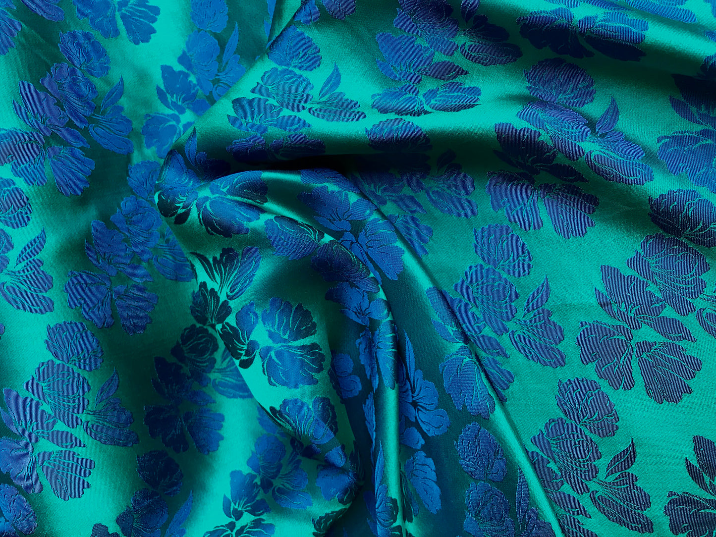 Green Blue silk with Flowers - PURE MULBERRY SILK fabric by the yard - Floral Silk -Luxury Silk - Natural silk - Handmade in VietNam