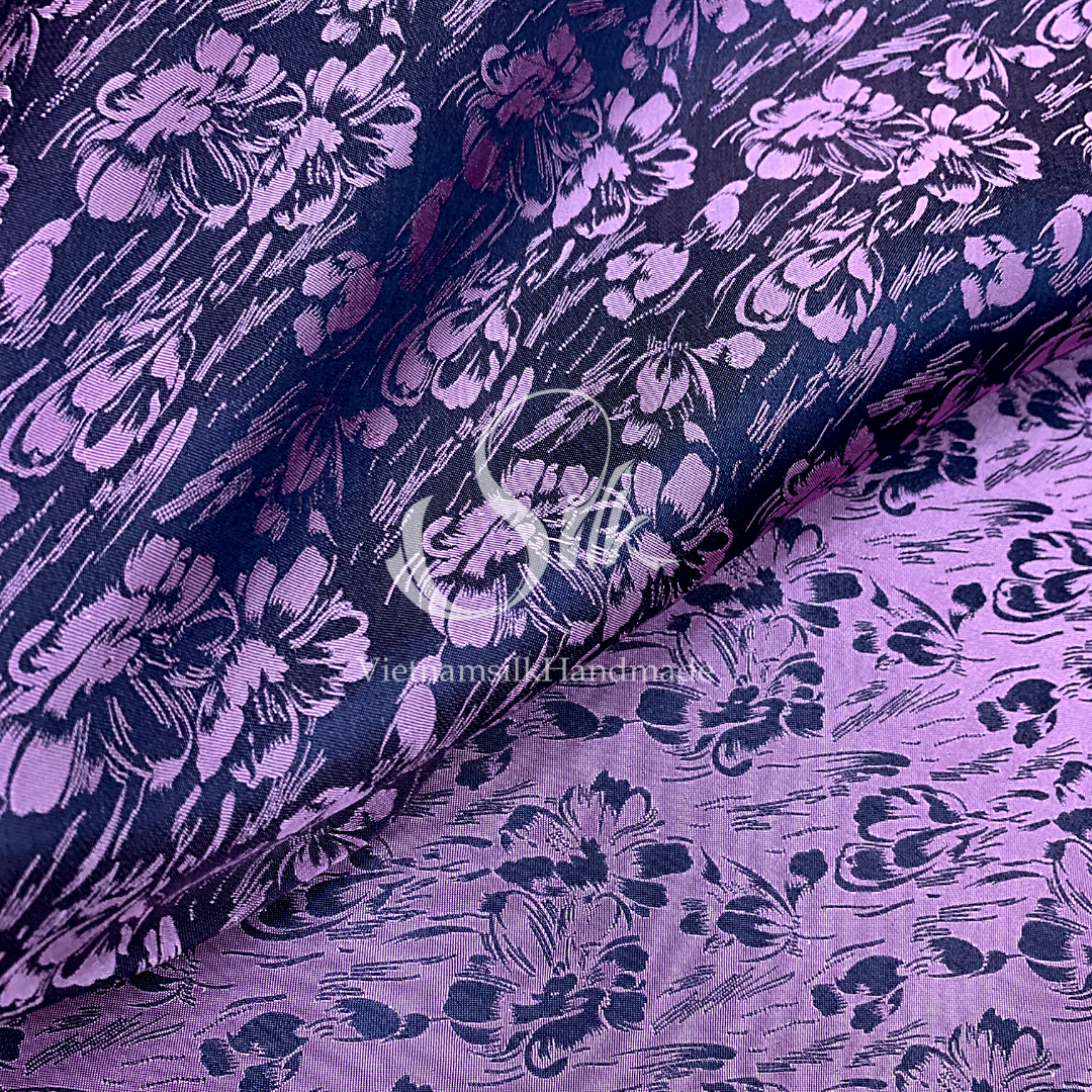 Purple Silk with Flowers - PURE MULBERRY SILK fabric by the yard - Floral Silk -Luxury Silk - Natural silk - Handmade in VietNam