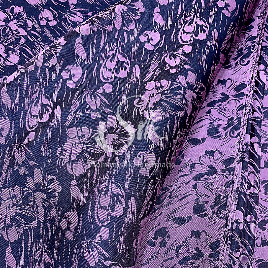 Purple Silk with Flowers - PURE MULBERRY SILK fabric by the yard - Floral Silk -Luxury Silk - Natural silk - Handmade in VietNam