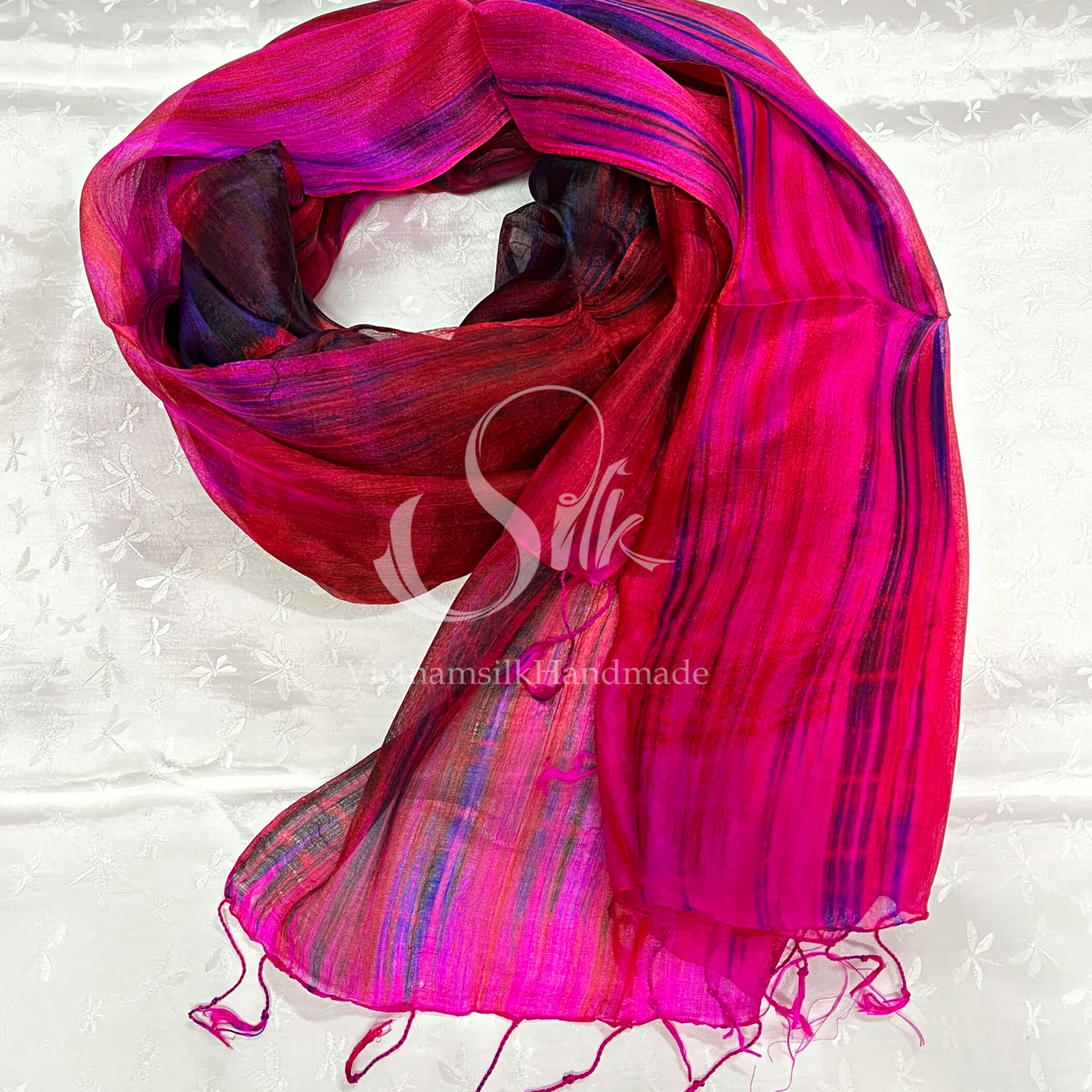 SILK SCARF |100% Natural Mulberry silk| Tassels Silk Scarves| Hand-dyed silk| Twisting Fringe Silk Scarves| Handmade Scarves| Made in Vietnam