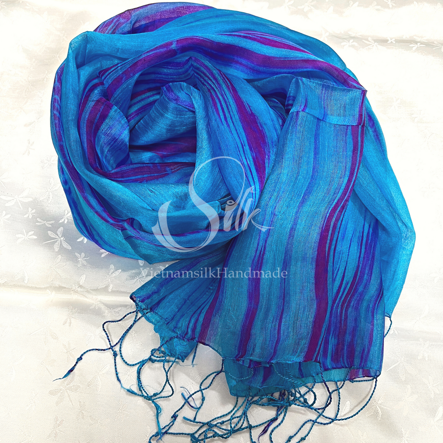 SILK SCARF |100% Natural Mulberry silk| Tassels Silk Scarves| Hand-dyed silk| Twisting Fringe Silk Scarves| Handmade Scarves| Made in Vietnam
