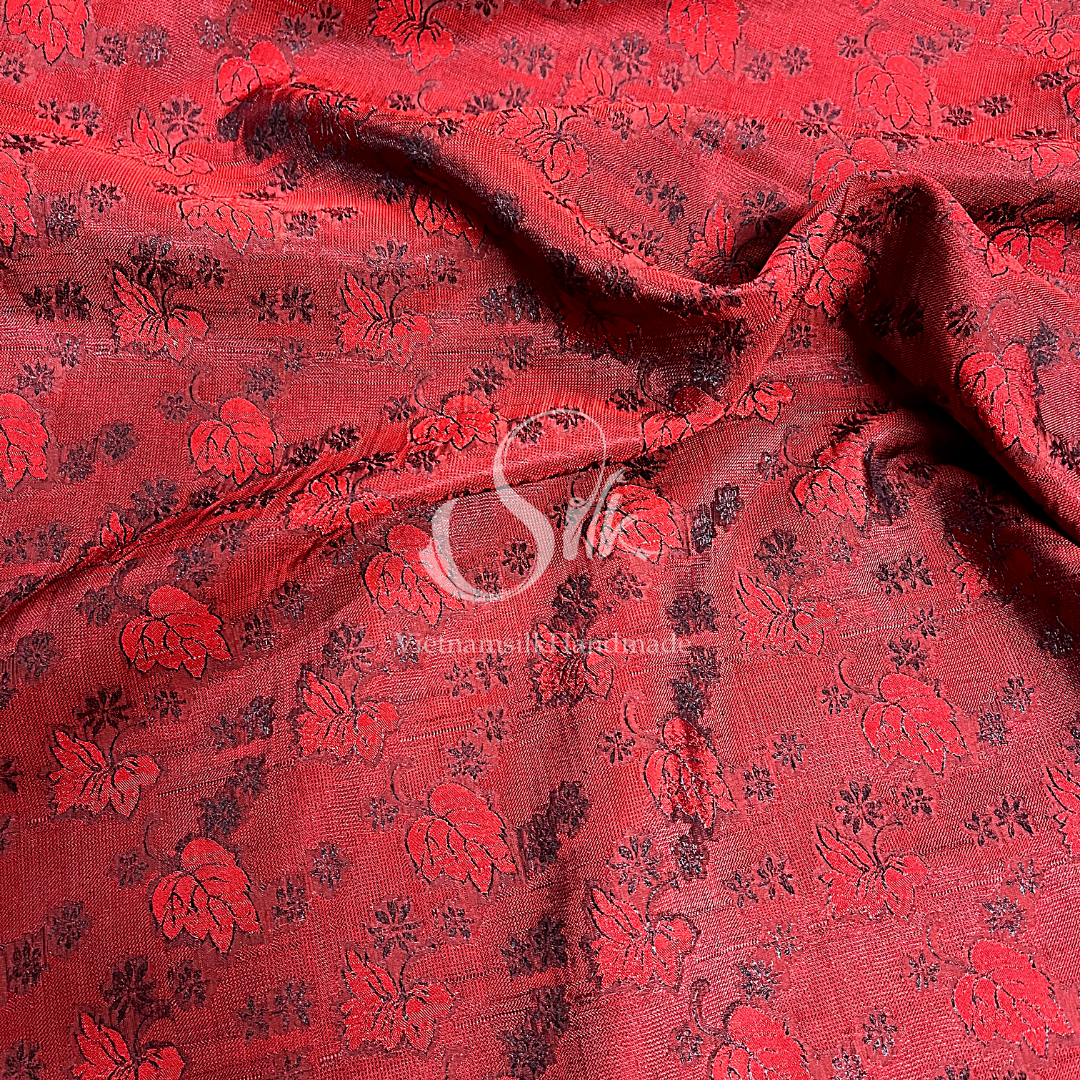 Red Silk with Black Mulberry leaves - PURE MULBERRY SILK fabric by the yard - Floral Silk -Luxury Silk - Natural silk - Handmade in VietNam
