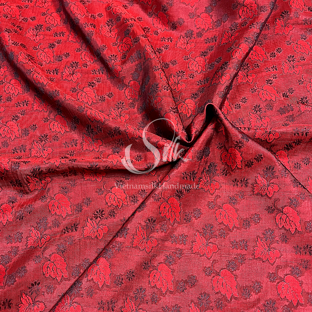 Red Silk with Black Mulberry leaves - PURE MULBERRY SILK fabric by the yard - Floral Silk -Luxury Silk - Natural silk - Handmade in VietNam