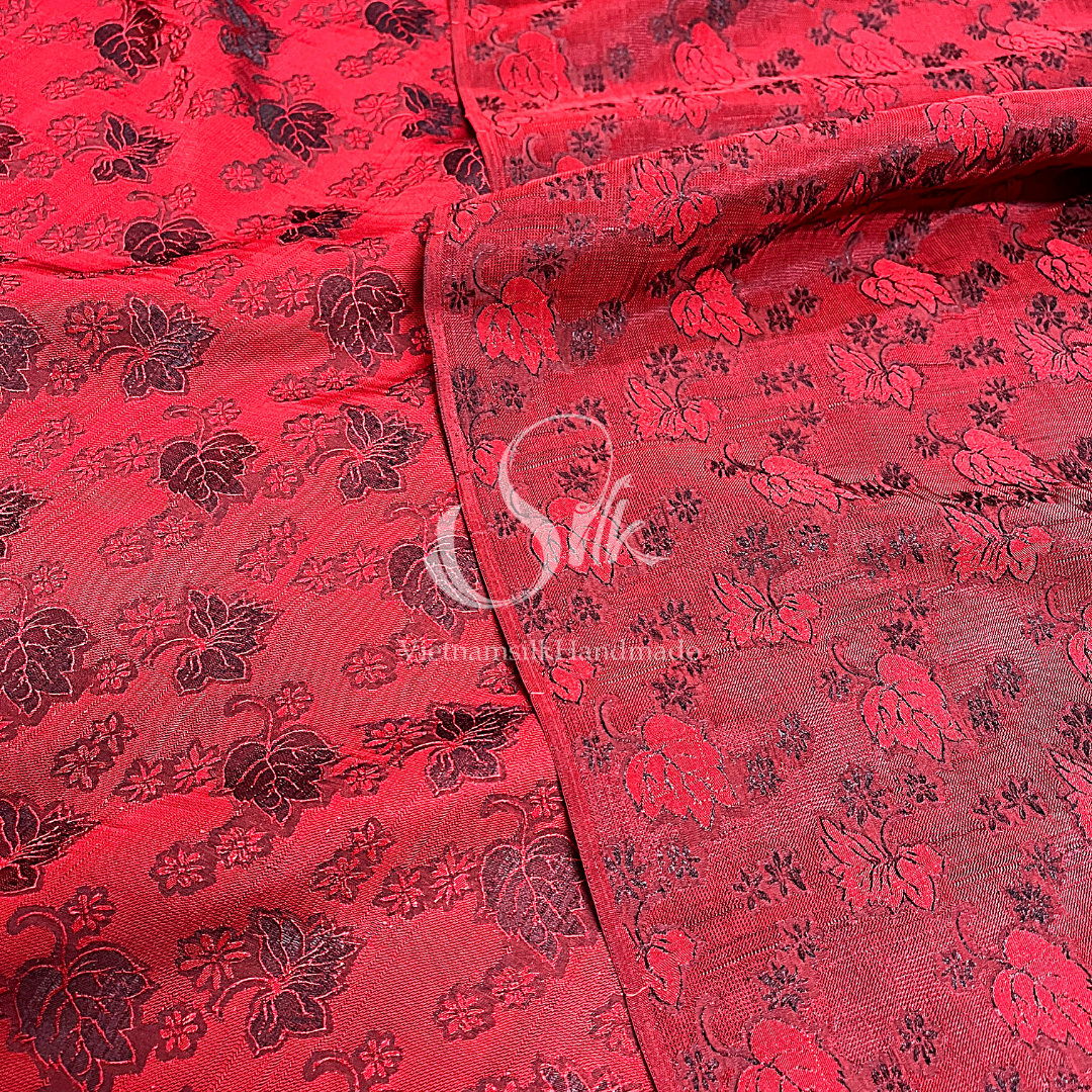 Red Silk with Black Mulberry leaves - PURE MULBERRY SILK fabric by the yard - Floral Silk -Luxury Silk - Natural silk - Handmade in VietNam