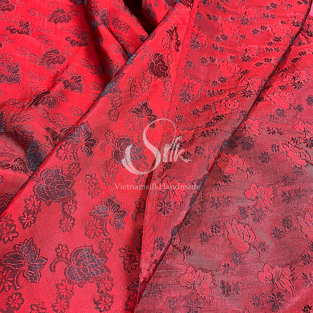 Red Silk with Black Mulberry leaves - PURE MULBERRY SILK fabric by the yard - Floral Silk -Luxury Silk - Natural silk - Handmade in VietNam