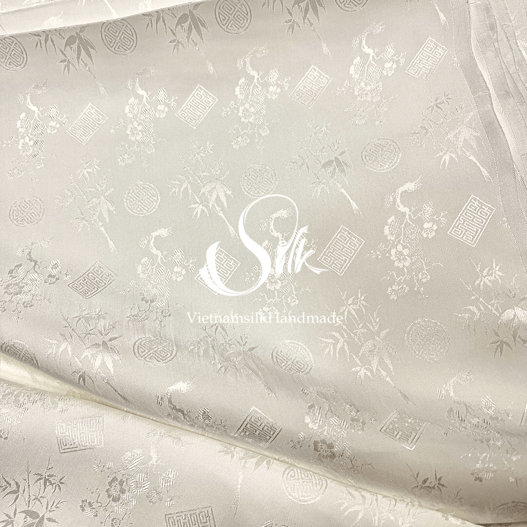 White Silk with Traditional patterns - PURE MULBERRY SILK fabric by the yard - Floral Silk -Luxury Silk - Natural silk - Handmade in VietNam- Silk with Design