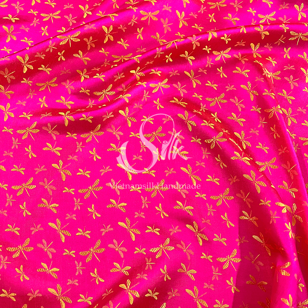 Pink silk with Yellow Dragonfly patterns - PURE MULBERRY SILK fabric by the yard - Gragonfly silk -Luxury Silk - Natural silk - Handmade in VietNam- Silk with Design