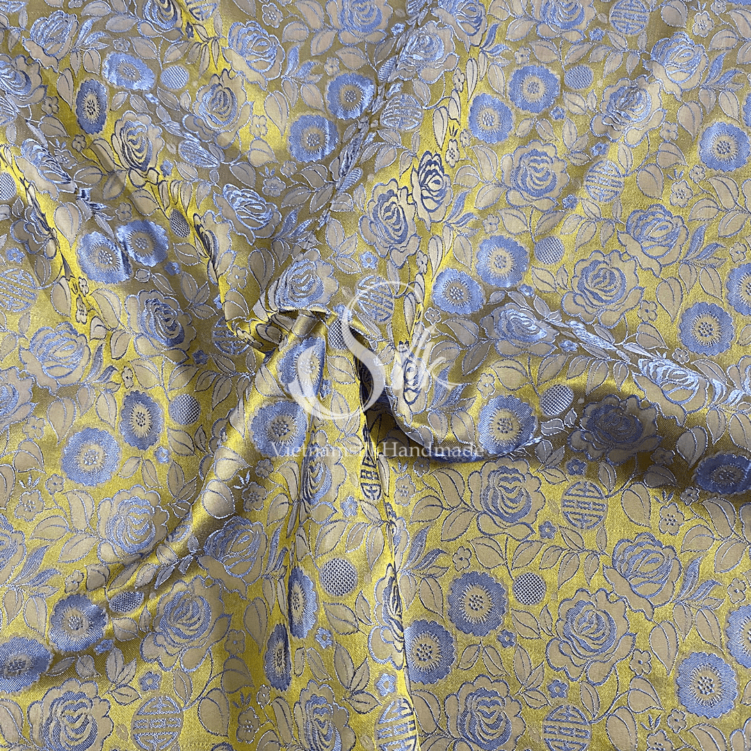 Golden Silk with Gray Flowers - Rose Pattern - PURE MULBERRY SILK fabric by the yard -  Floral Silk - Rose Silk -Luxury Silk - Natural silk - Handmade in VietNam- Silk with Design