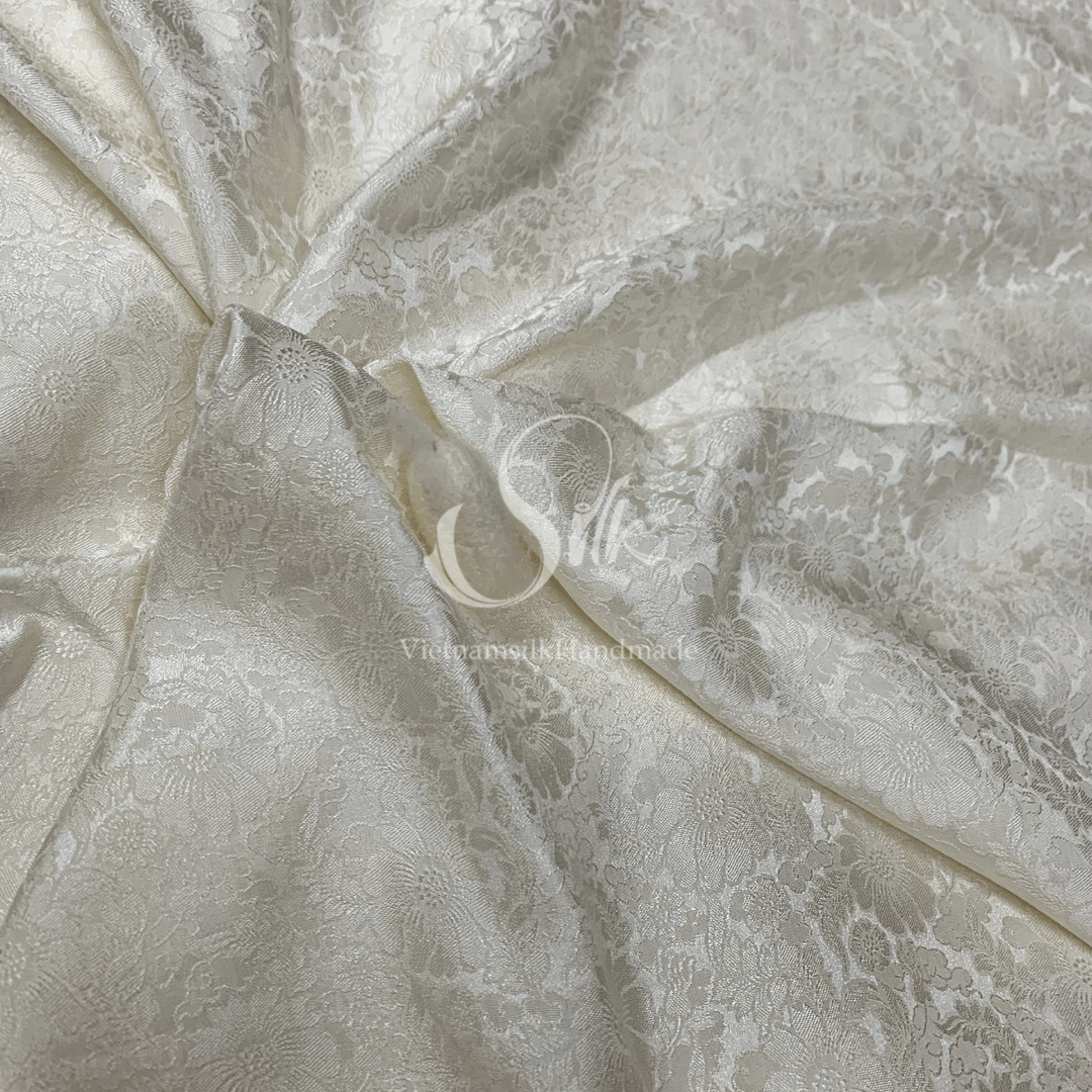 Premium Silk Fabric - White Floral Silk - HIGH-GRADE - 100% Mulberry Silk fabric by the yard - Luxury silk - Natural silk - Organic Silk - Handmade in Vietnam