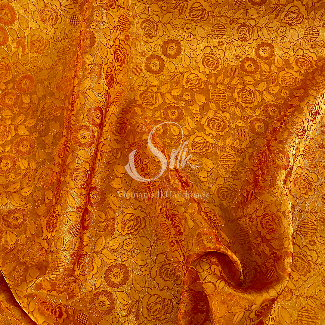 Orange Silk with Rose Flowers - Rose Pattern - PURE MULBERRY SILK fabric by the yard - Floral Silk - Rose Silk -Luxury Silk - Natural silk - Handmade in VietNam- Silk with Design