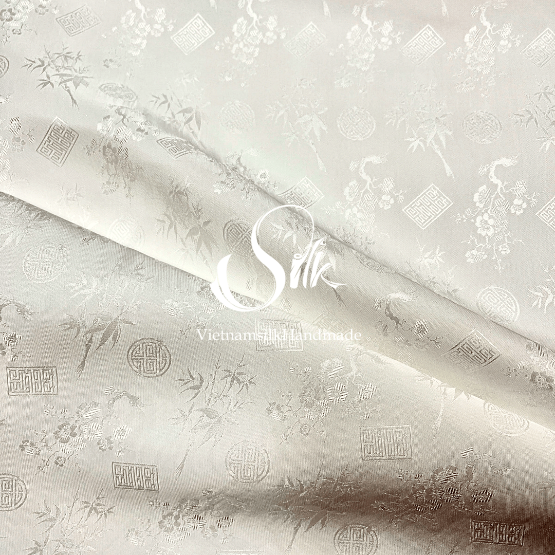 White Silk with Traditional patterns - PURE MULBERRY SILK fabric by the yard - Floral Silk -Luxury Silk - Natural silk - Handmade in VietNam- Silk with Design
