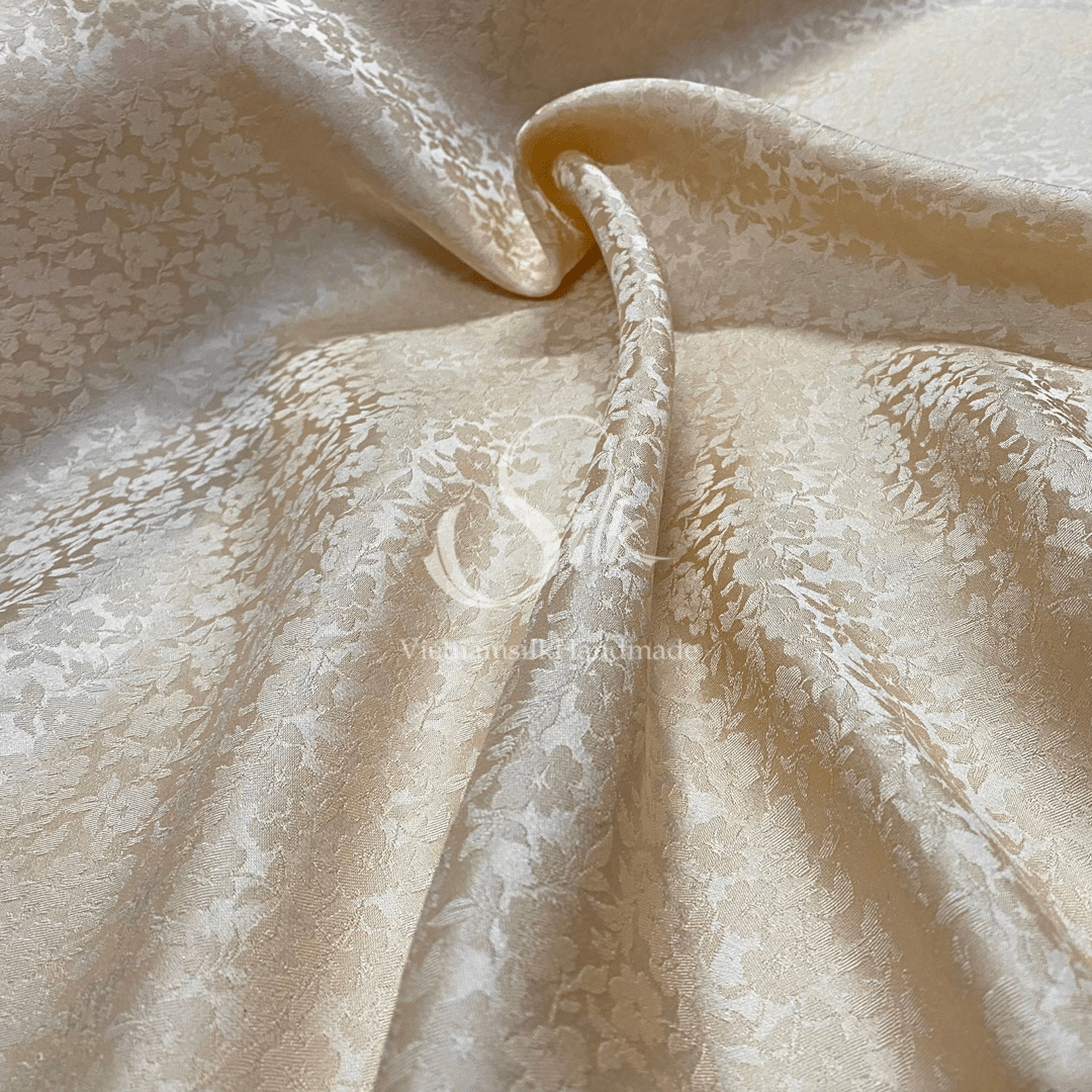 Premium Silk Fabric - Beige Floral Silk - HIGH-GRADE - 100% Mulberry Silk fabric by the yard - Luxury silk - Natural silk - Organic Silk - Handmade in Vietnam