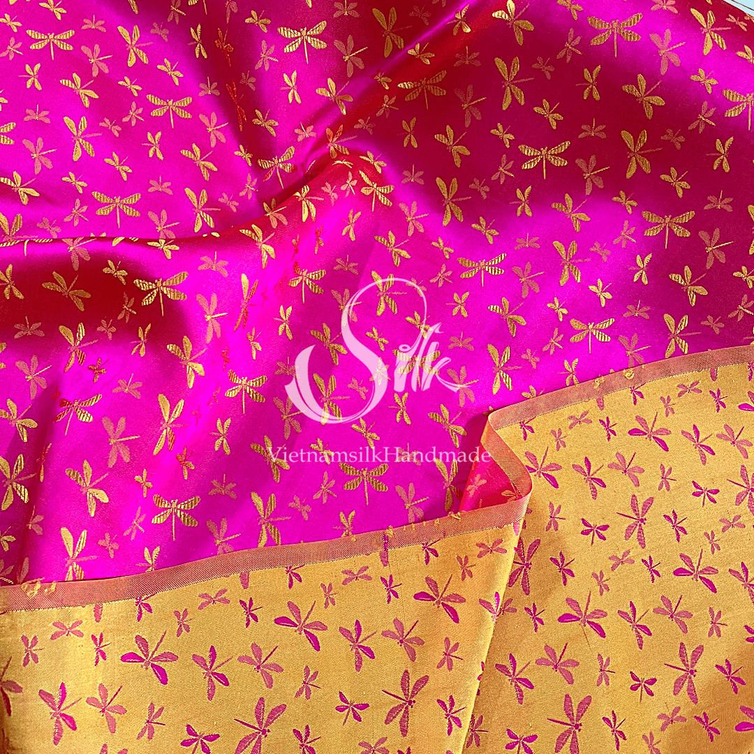 Pink silk with Yellow Dragonfly patterns - PURE MULBERRY SILK fabric by the yard - Gragonfly silk -Luxury Silk - Natural silk - Handmade in VietNam- Silk with Design