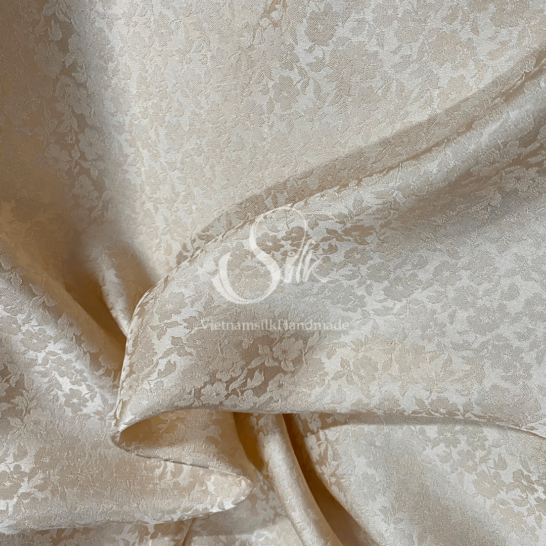Premium Silk Fabric - Beige Floral Silk - HIGH-GRADE - 100% Mulberry Silk fabric by the yard - Luxury silk - Natural silk - Organic Silk - Handmade in Vietnam