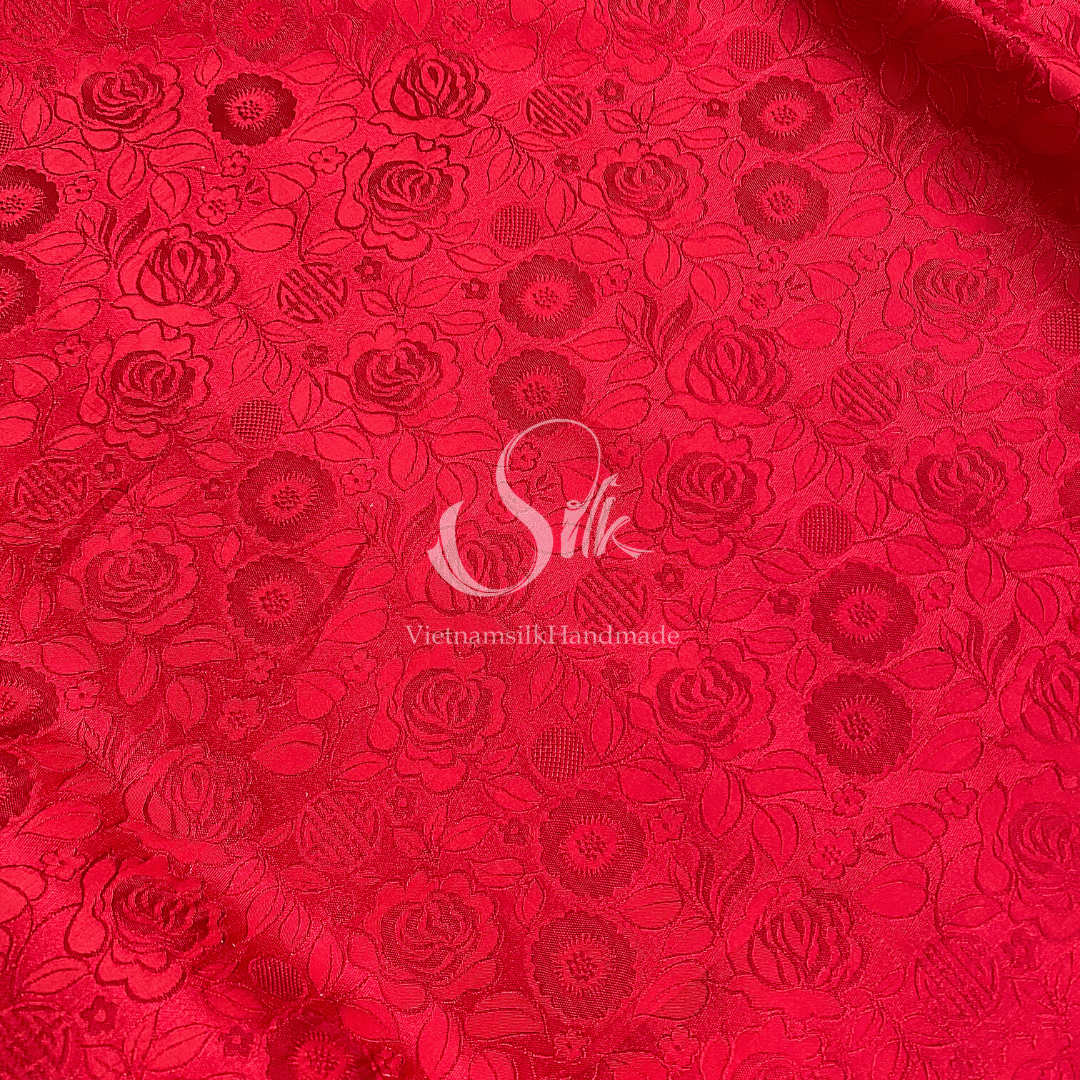 Red Silk with Rose Flowers - Rose Pattern - PURE MULBERRY SILK fabric by the yard - Floral Silk - Rose Silk -Luxury Silk - Natural silk - Handmade in VietNam- Silk with Design