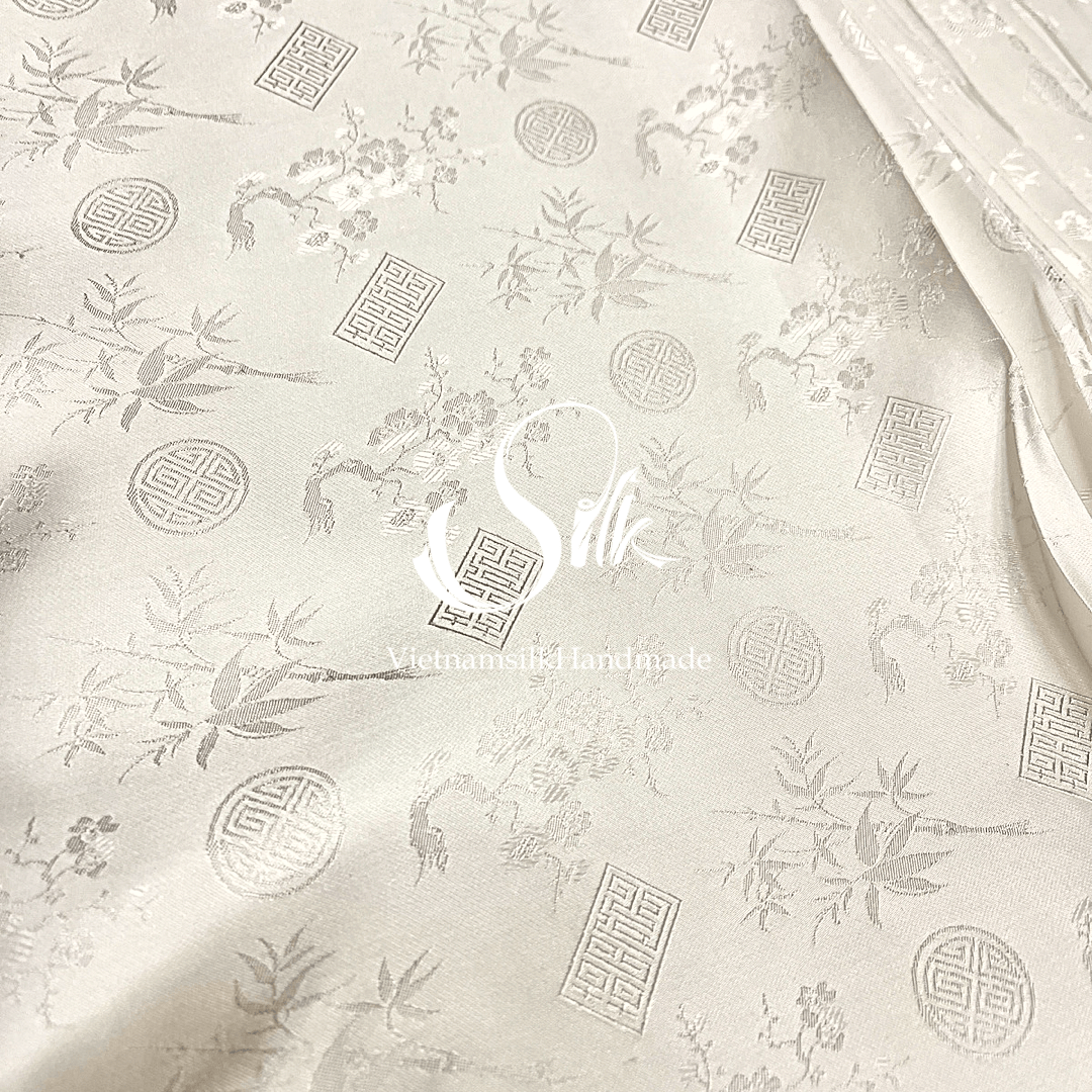 White Silk with Traditional patterns - PURE MULBERRY SILK fabric by the yard - Floral Silk -Luxury Silk - Natural silk - Handmade in VietNam- Silk with Design