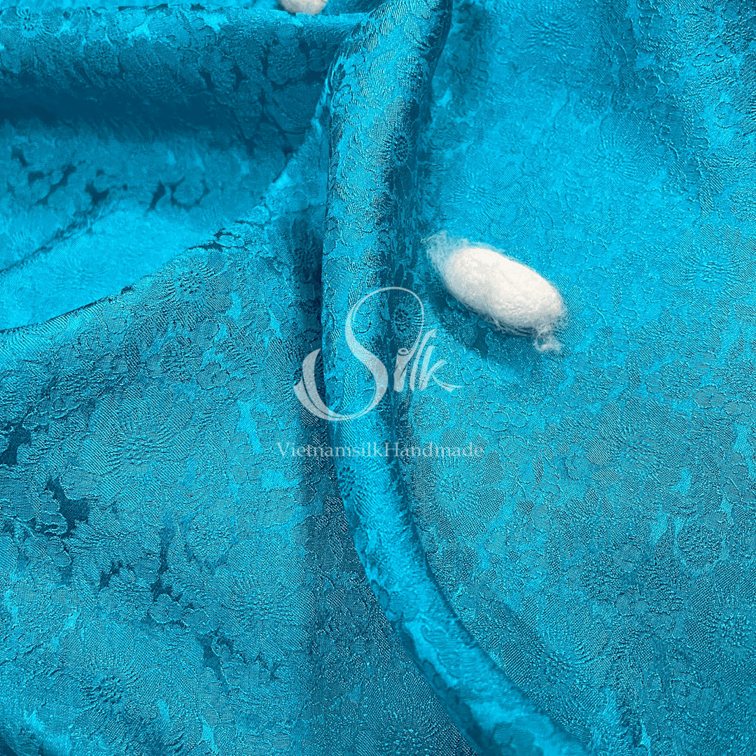 Premium Silk Fabric - Deep Sky Blue Floral Silk - HIGH-GRADE - 100% Mulberry Silk fabric by the yard - Luxury silk - Natural silk - Organic Silk - Handmade in Vietnam