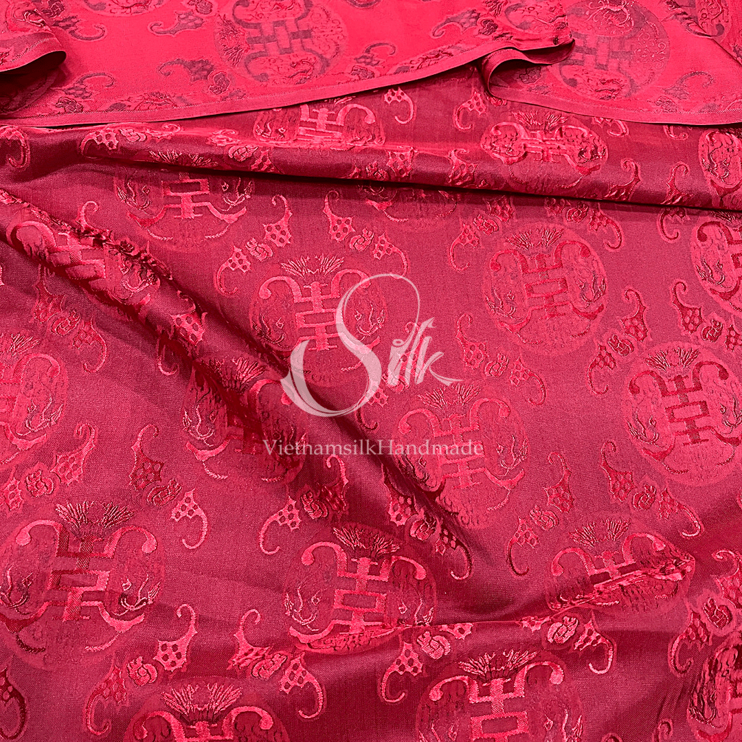Red Silk with THỌ DƠI patterns - PURE MULBERRY SILK fabric by the yard - Floral Silk -Luxury Silk - Natural silk - Handmade in VietNam- Silk with Design