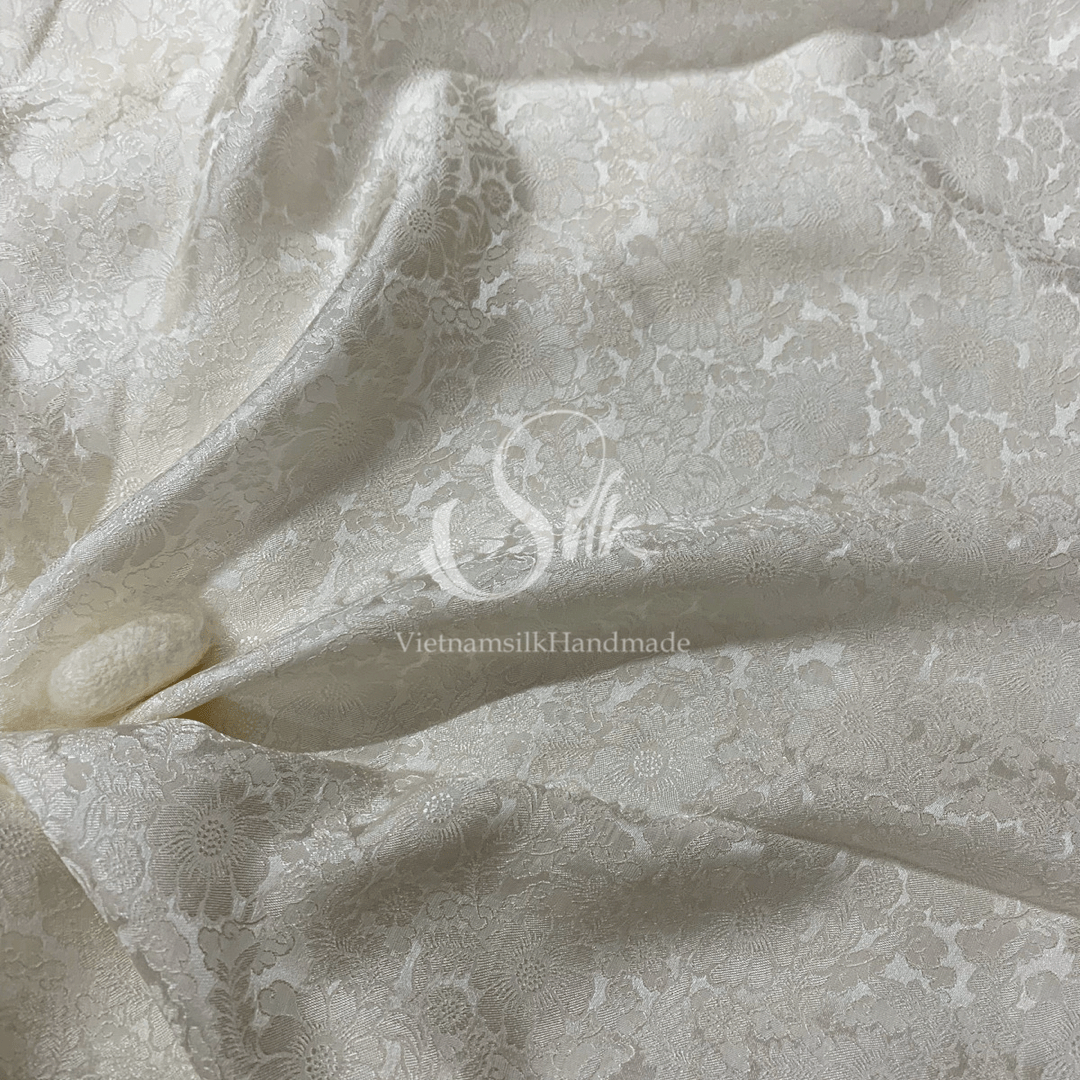 Premium Silk Fabric - White Floral Silk - HIGH-GRADE - 100% Mulberry Silk fabric by the yard - Luxury silk - Natural silk - Organic Silk - Handmade in Vietnam