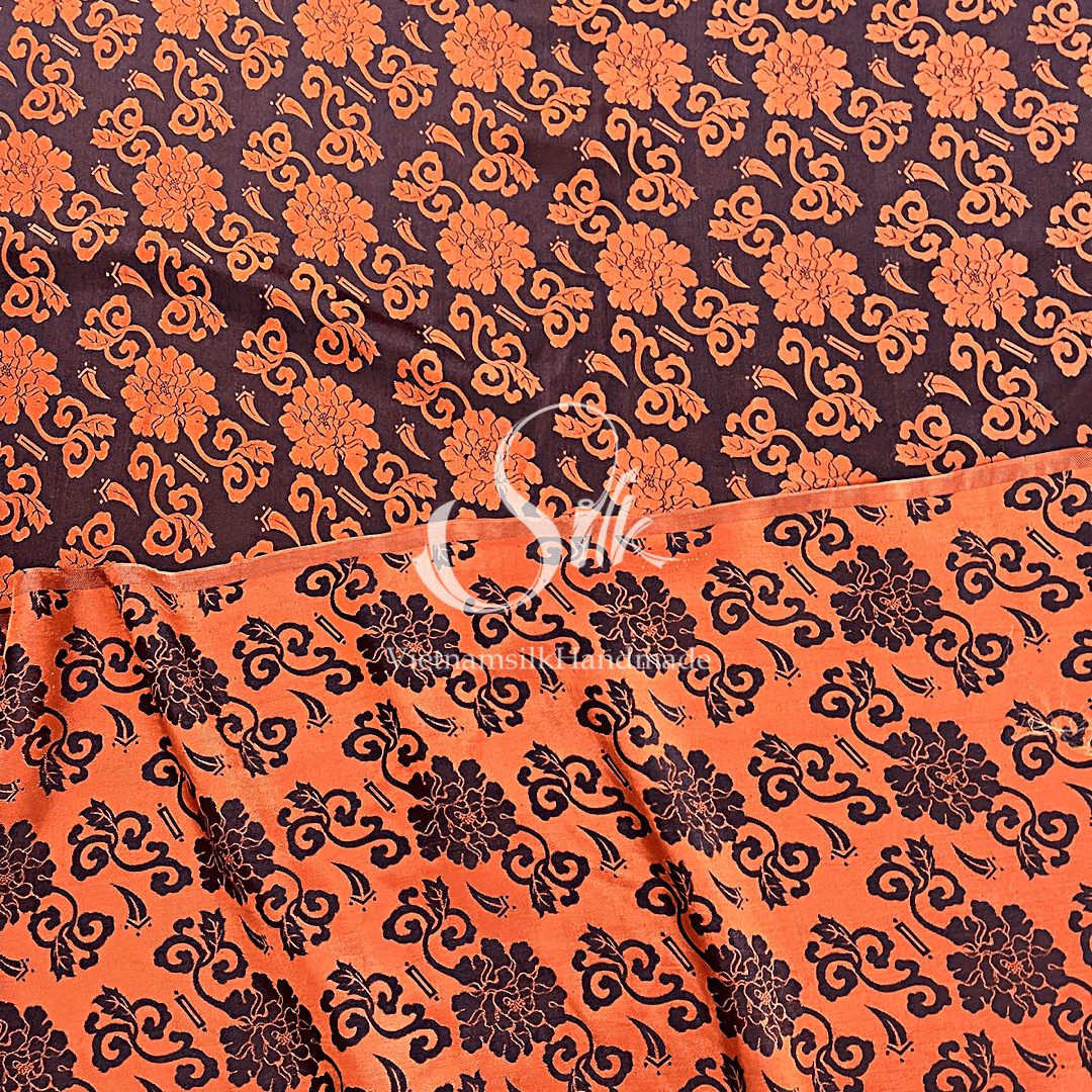Silk with Orange Flowers - PURE MULBERRY SILK fabric by the yard -  Floral Silk -Luxury Silk - Natural silk - Handmade in VietNam- Silk with Design