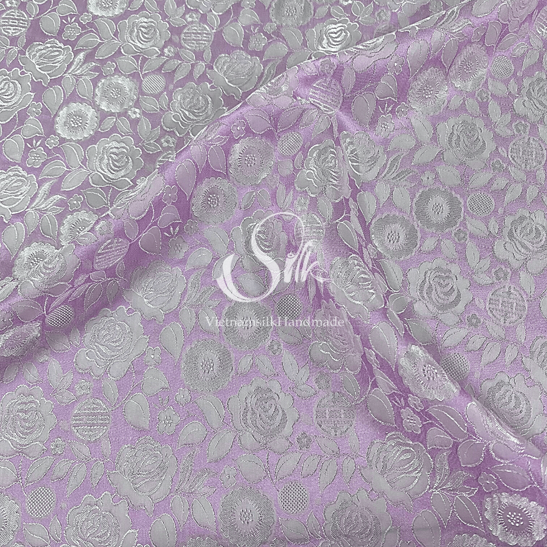 Lavender Silk with Rose Flowers - Rose Pattern - PURE MULBERRY SILK fabric by the yard - Floral Silk - Rose Silk -Luxury Silk - Natural silk - Handmade in VietNam- Silk with Design