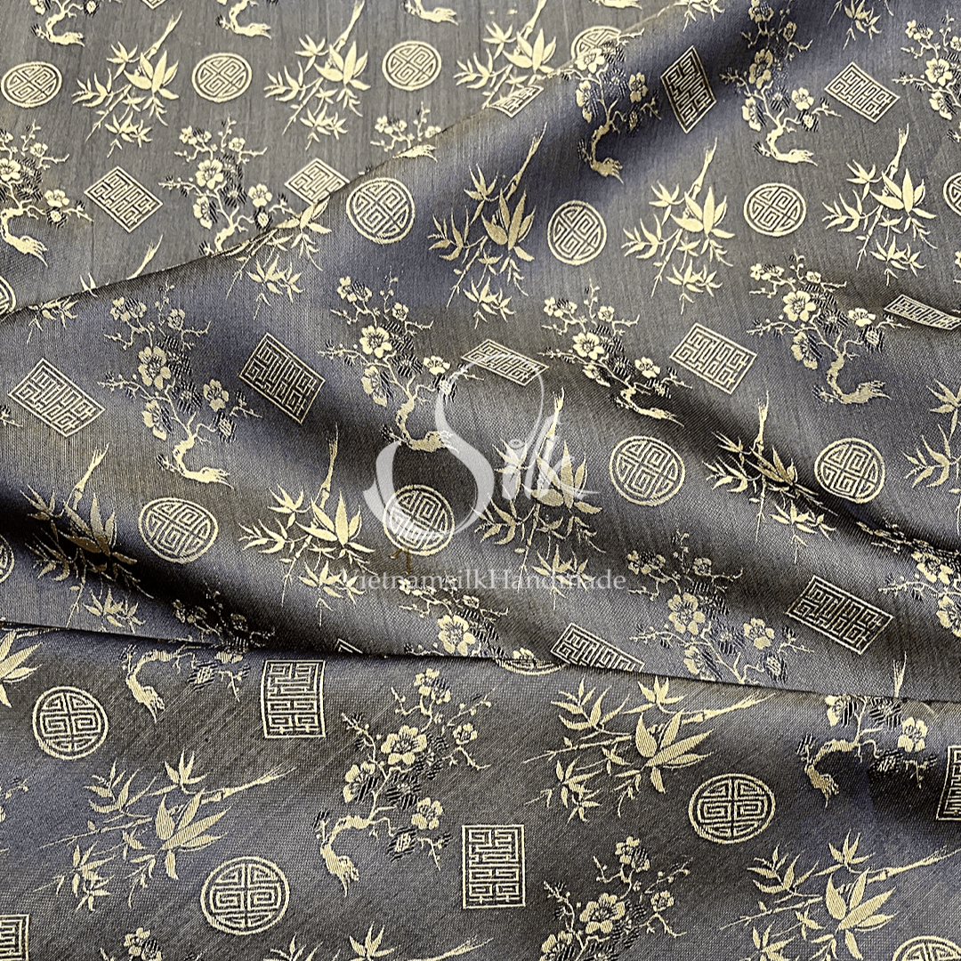 Gold Brown Silk with Traditional patterns - PURE MULBERRY SILK fabric by the yard - Floral Silk -Luxury Silk - Natural silk - Handmade in VietNam- Silk with Design