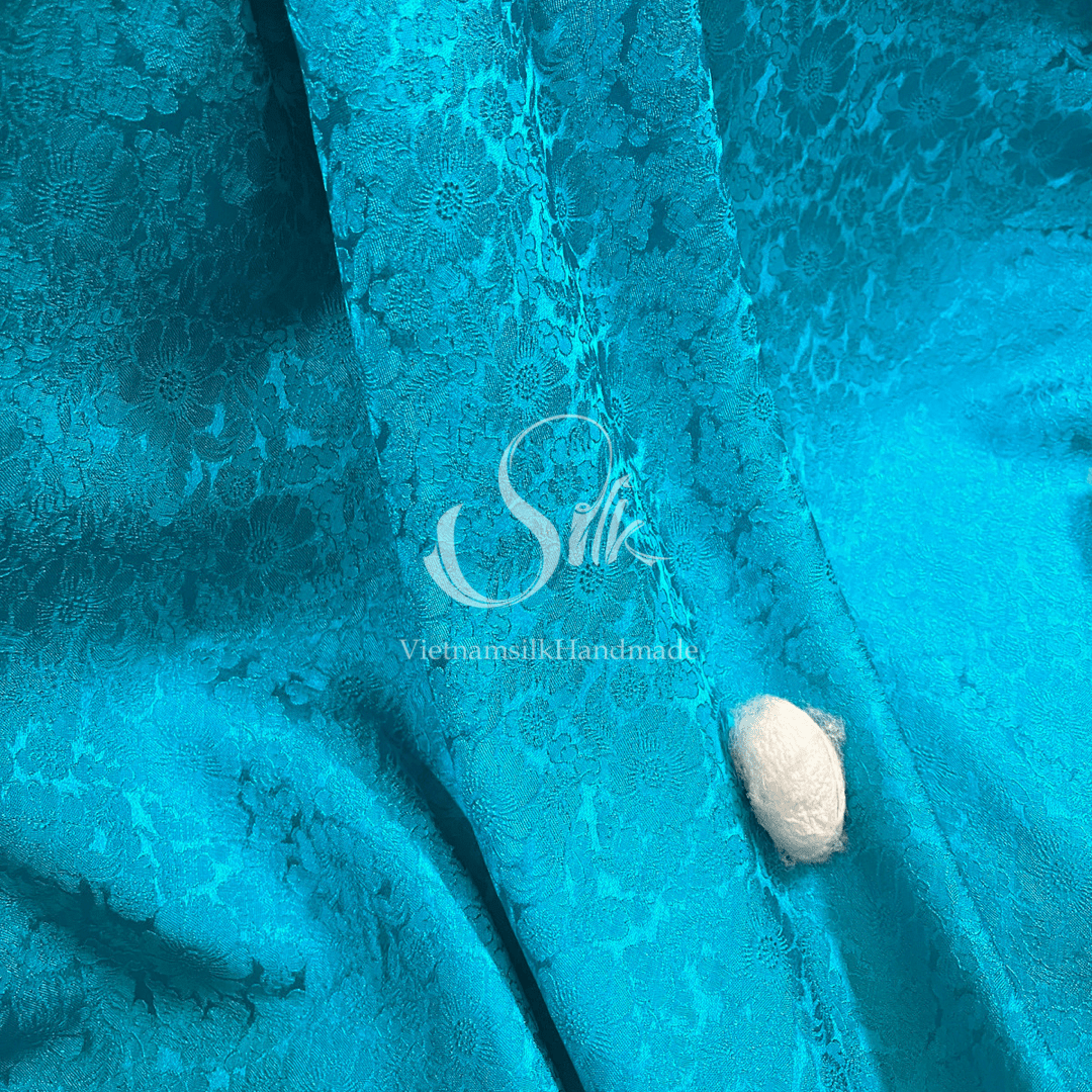 Premium Silk Fabric - Deep Sky Blue Floral Silk - HIGH-GRADE - 100% Mulberry Silk fabric by the yard - Luxury silk - Natural silk - Organic Silk - Handmade in Vietnam