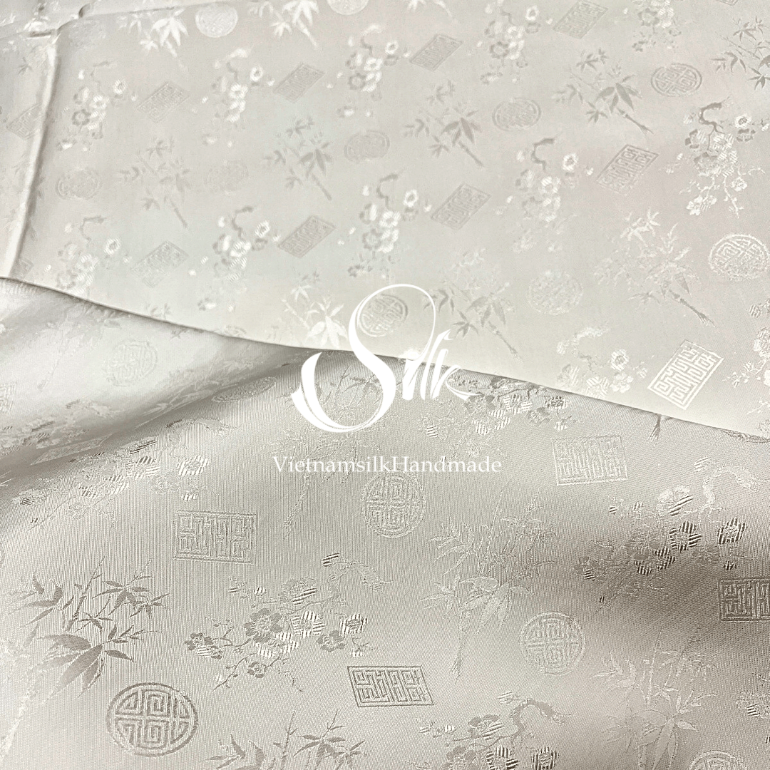 White Silk with Traditional patterns - PURE MULBERRY SILK fabric by the yard - Floral Silk -Luxury Silk - Natural silk - Handmade in VietNam- Silk with Design