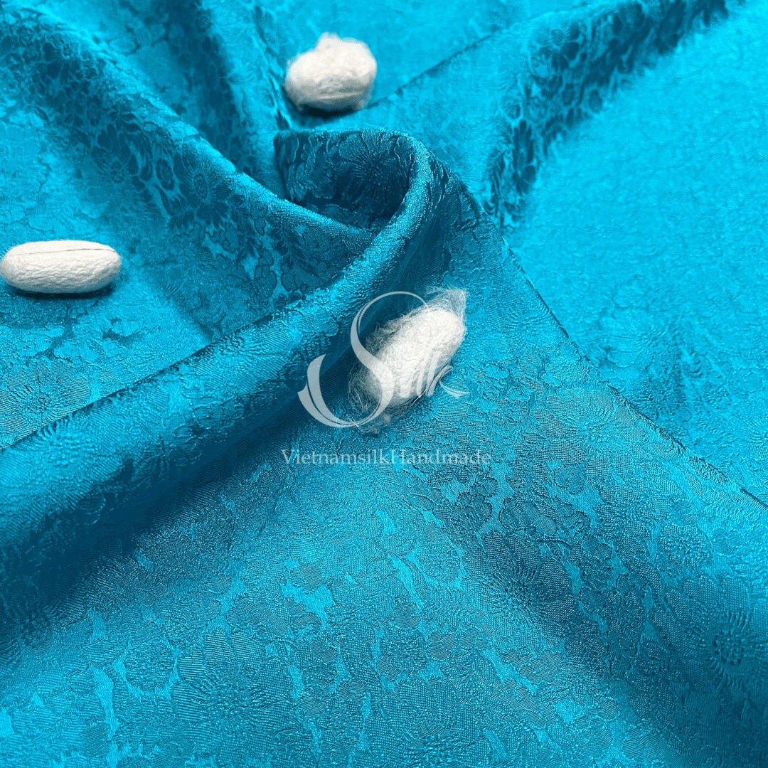 Premium Silk Fabric - Deep Sky Blue Floral Silk - HIGH-GRADE - 100% Mulberry Silk fabric by the yard - Luxury silk - Natural silk - Organic Silk - Handmade in Vietnam
