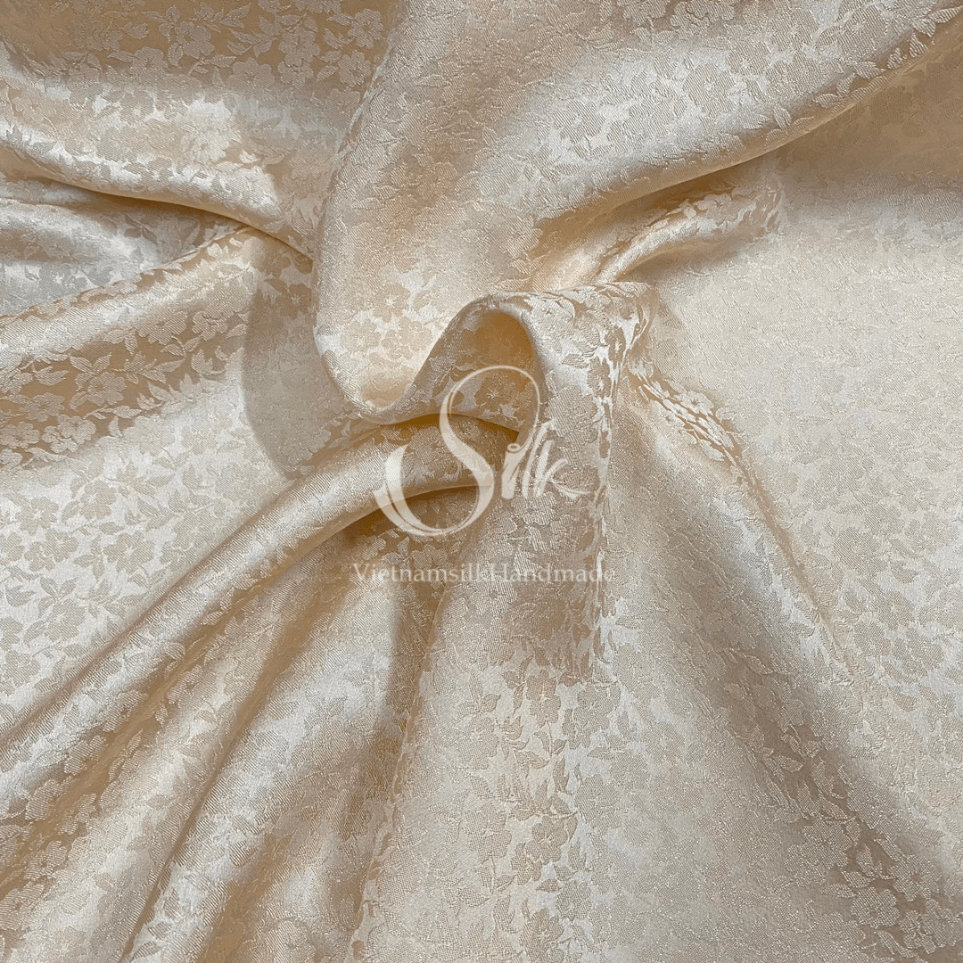 Premium Silk Fabric - Beige Floral Silk - HIGH-GRADE - 100% Mulberry Silk fabric by the yard - Luxury silk - Natural silk - Organic Silk - Handmade in Vietnam