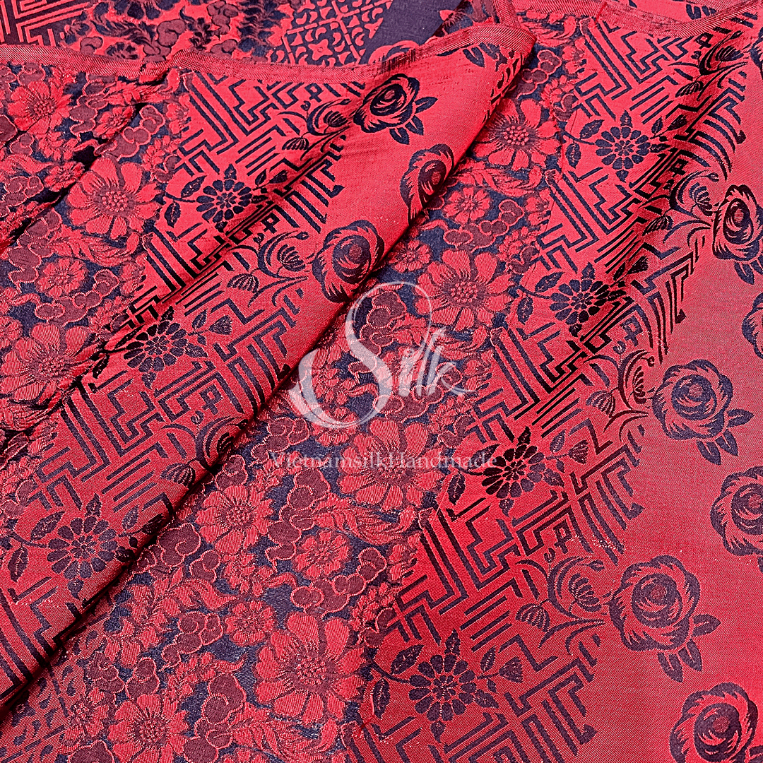 Red Silk with Mixed Flowers - PURE MULBERRY SILK fabric by the yard -  Floral Silk -Luxury Silk - Natural silk - Handmade in VietNam- Silk with Design