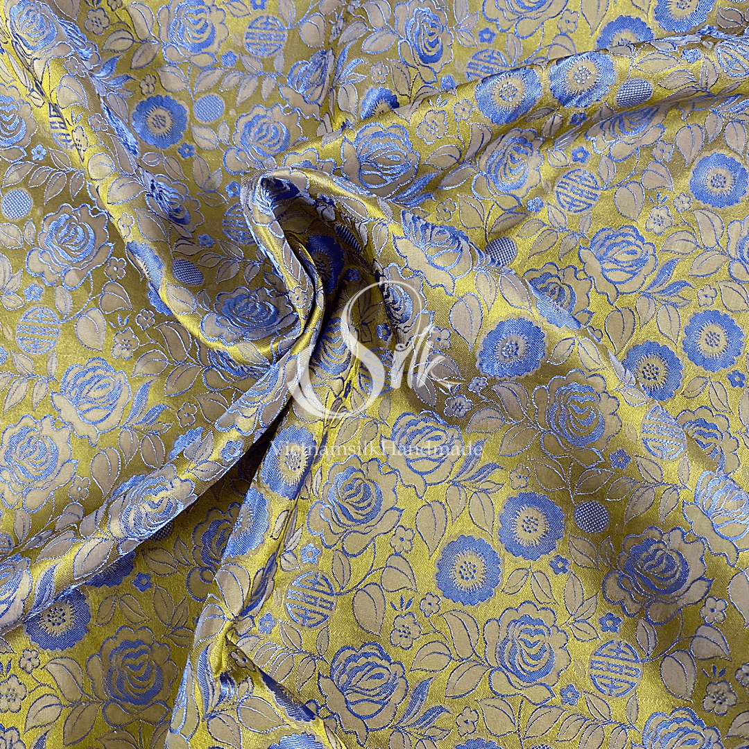 Golden Silk with Gray Flowers - Rose Pattern - PURE MULBERRY SILK fabric by the yard -  Floral Silk - Rose Silk -Luxury Silk - Natural silk - Handmade in VietNam- Silk with Design