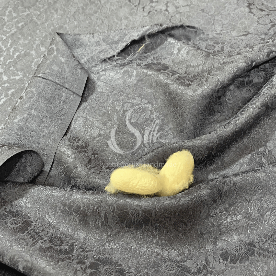 Premium Silk Fabric - Grey Floral Silk - HIGH-GRADE - 100% Mulberry Silk fabric by the yard - Luxury silk - Natural silk - Organic Silk - Handmade in Vietnam