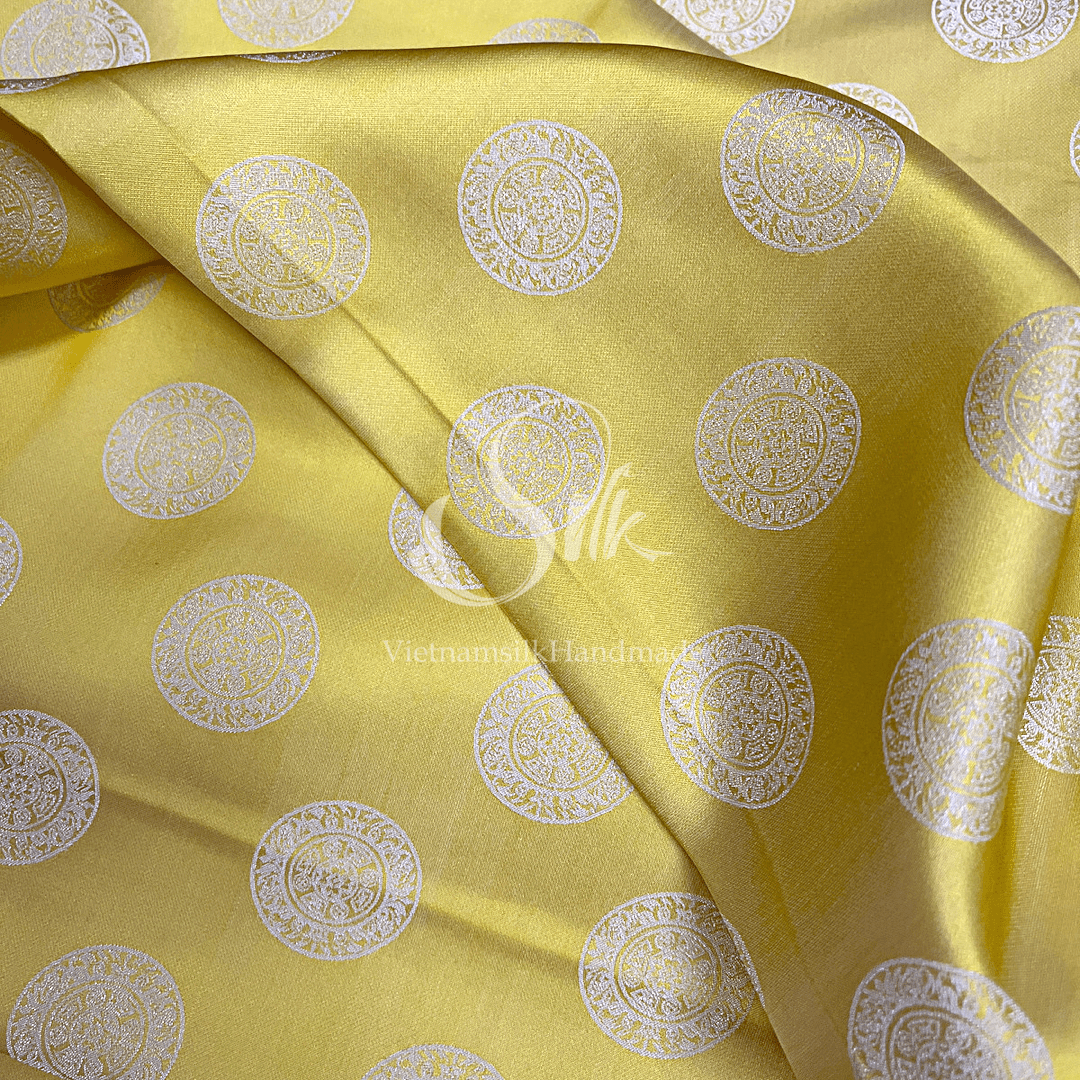 Yellow Silk with Coin patterns  - PURE MULBERRY SILK fabric by the yard -  Floral Silk -Luxury Silk - Natural silk - Handmade in VietNam- Silk with Design