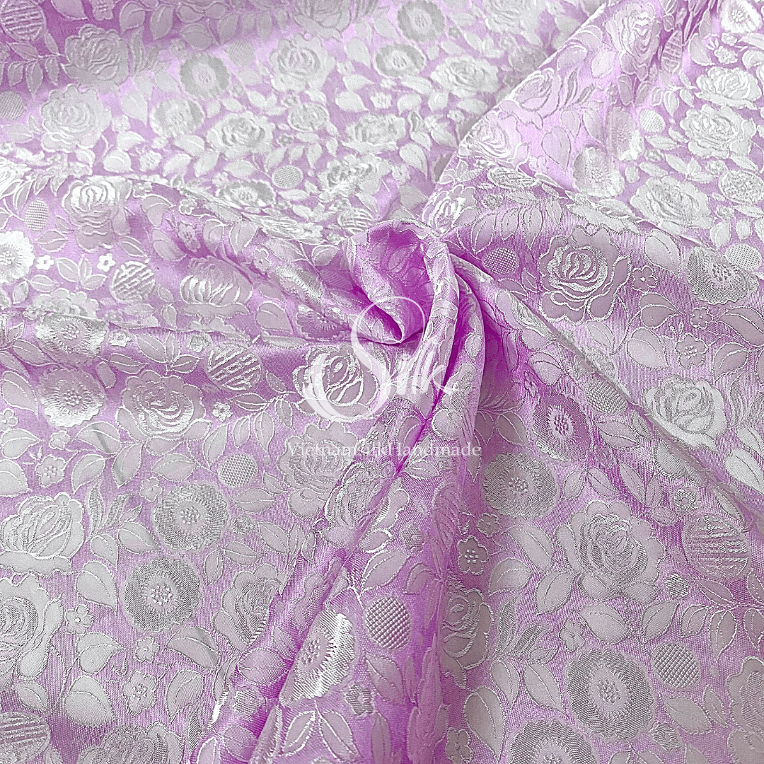 Lavender Silk with Rose Flowers - Rose Pattern - PURE MULBERRY SILK fabric by the yard - Floral Silk - Rose Silk -Luxury Silk - Natural silk - Handmade in VietNam- Silk with Design