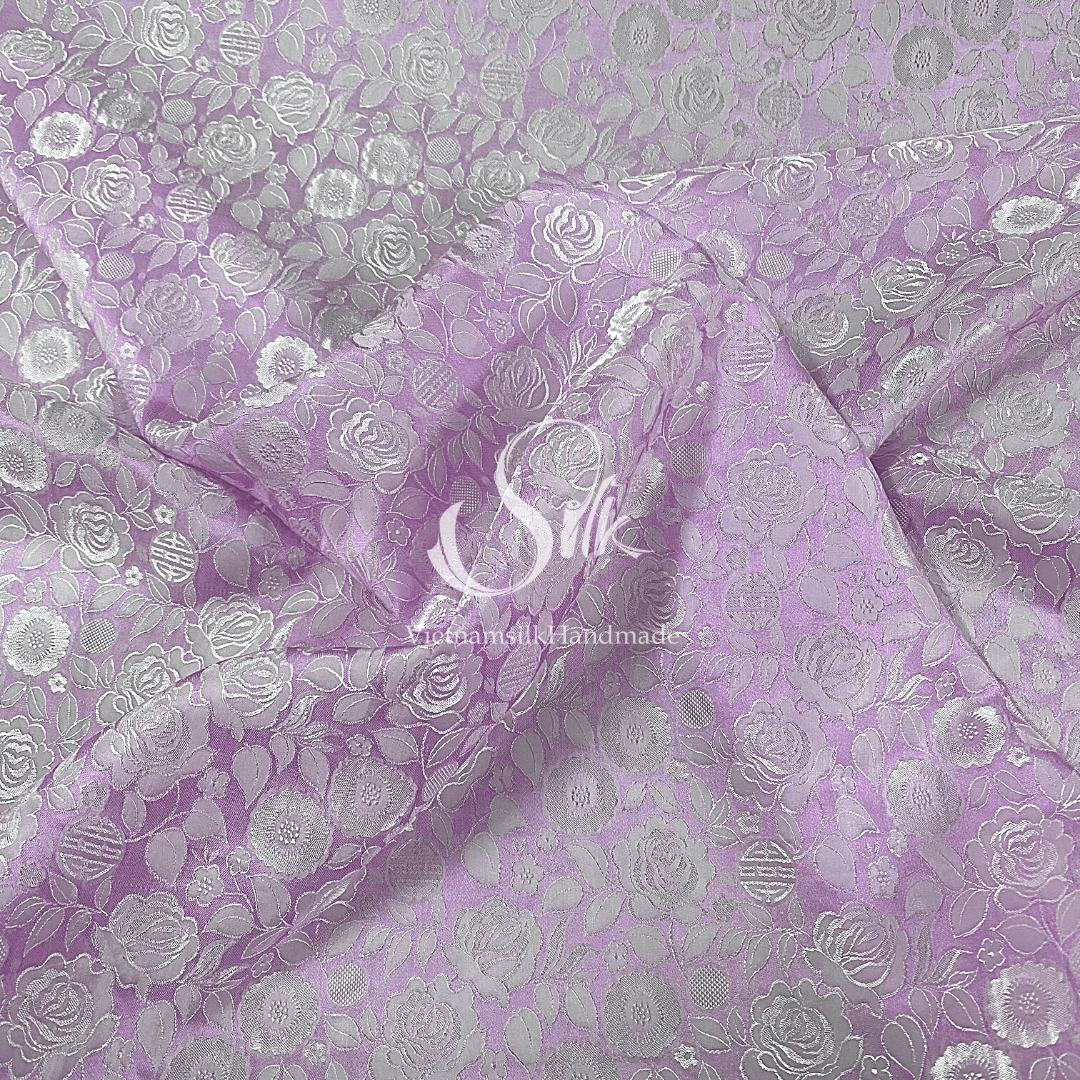 Lavender Silk with Rose Flowers - Rose Pattern - PURE MULBERRY SILK fabric by the yard - Floral Silk - Rose Silk -Luxury Silk - Natural silk - Handmade in VietNam- Silk with Design