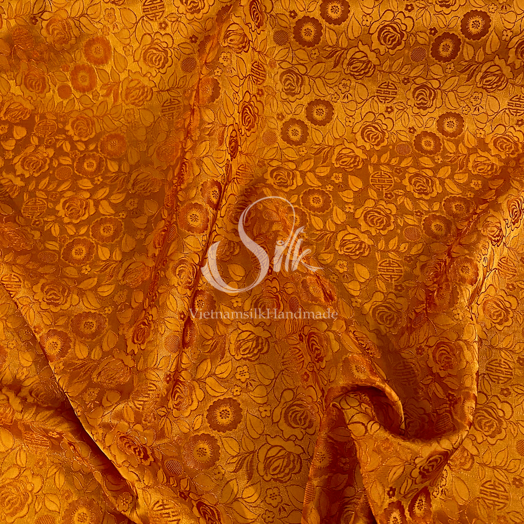 Orange Silk with Rose Flowers - Rose Pattern - PURE MULBERRY SILK fabric by the yard - Floral Silk - Rose Silk -Luxury Silk - Natural silk - Handmade in VietNam- Silk with Design