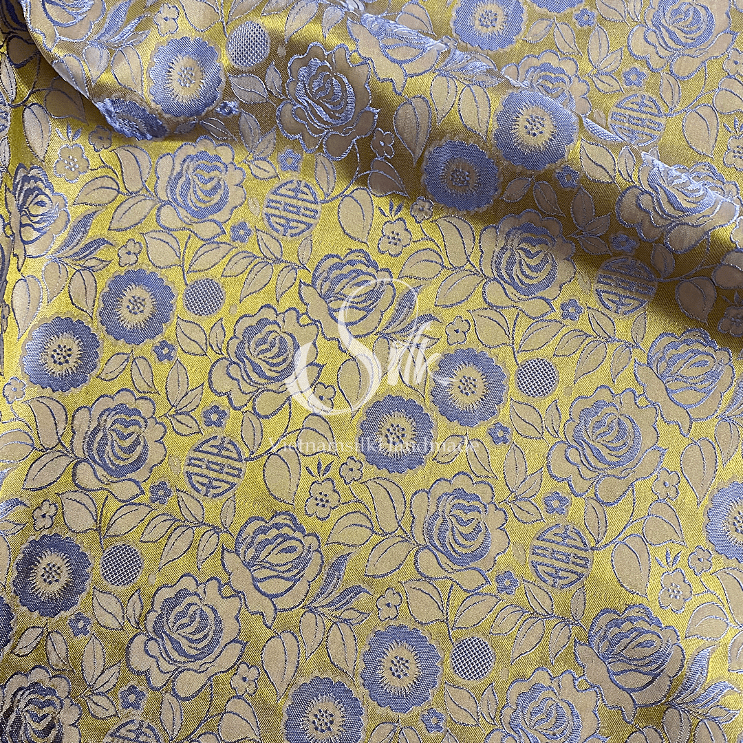 Golden Silk with Gray Flowers - Rose Pattern - PURE MULBERRY SILK fabric by the yard -  Floral Silk - Rose Silk -Luxury Silk - Natural silk - Handmade in VietNam- Silk with Design