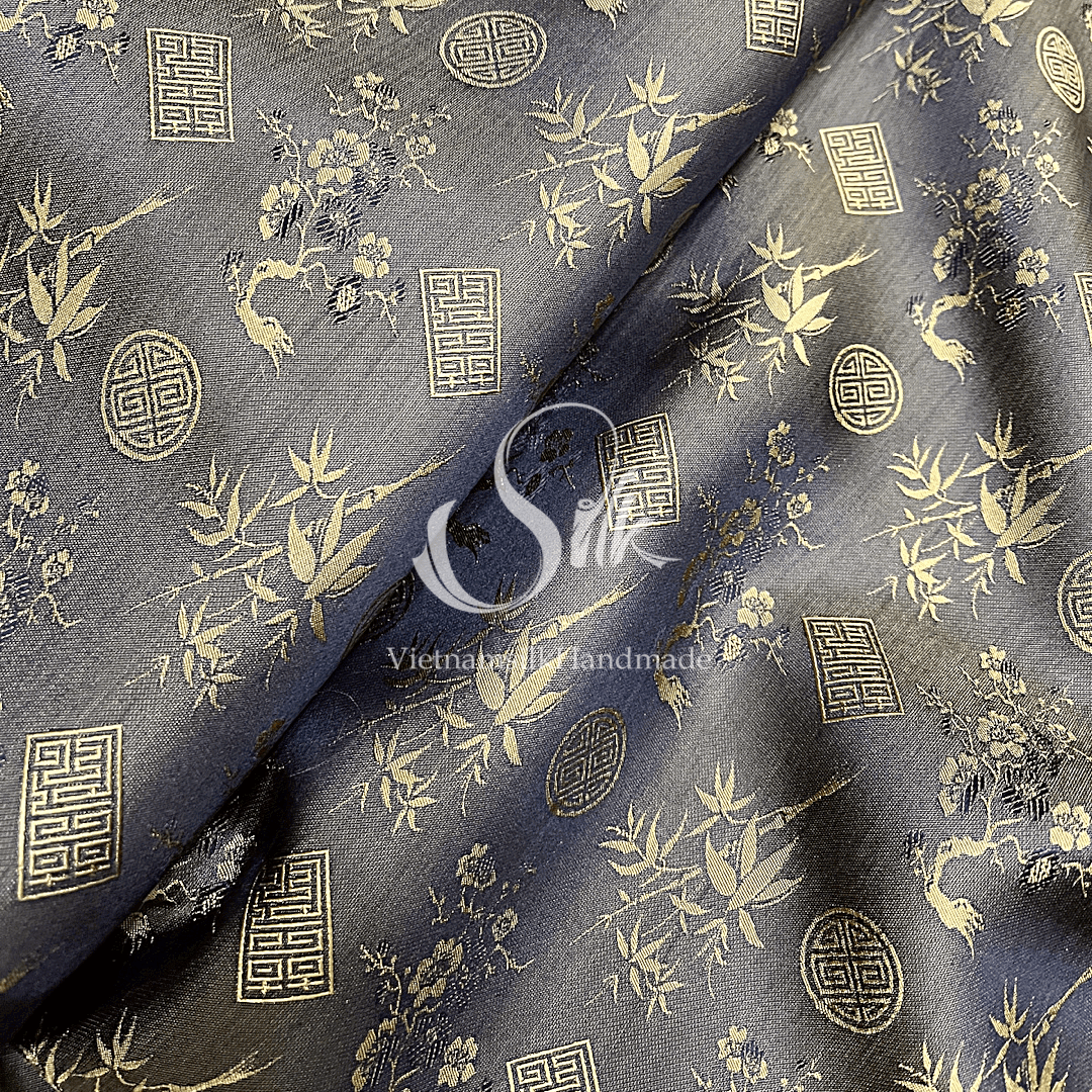 Gold Brown Silk with Traditional patterns - PURE MULBERRY SILK fabric by the yard - Floral Silk -Luxury Silk - Natural silk - Handmade in VietNam- Silk with Design