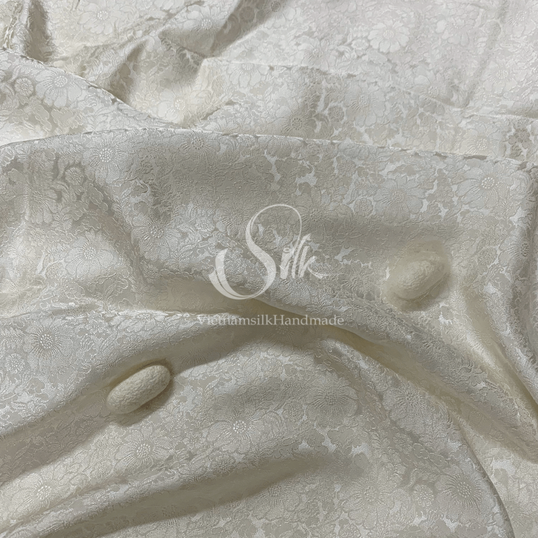 Premium Silk Fabric - White Floral Silk - HIGH-GRADE - 100% Mulberry Silk fabric by the yard - Luxury silk - Natural silk - Organic Silk - Handmade in Vietnam
