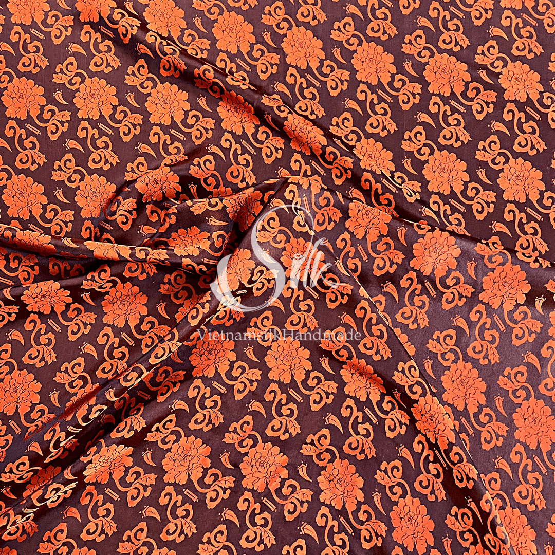 Silk with Orange Flowers - PURE MULBERRY SILK fabric by the yard -  Floral Silk -Luxury Silk - Natural silk - Handmade in VietNam- Silk with Design