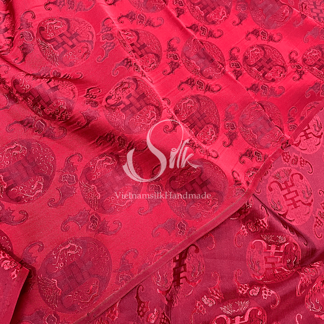 Red Silk with THỌ DƠI patterns - PURE MULBERRY SILK fabric by the yard - Floral Silk -Luxury Silk - Natural silk - Handmade in VietNam- Silk with Design