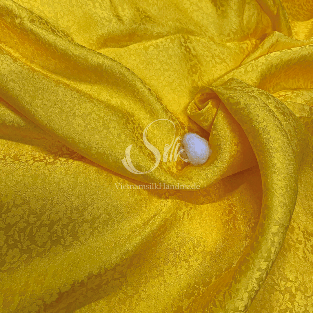 Premium Silk Fabric - Yellow Floral Silk - HIGH-GRADE - 100% Mulberry Silk fabric by the yard - Luxury silk - Natural silk - Organic Silk - Handmade in Vietnam