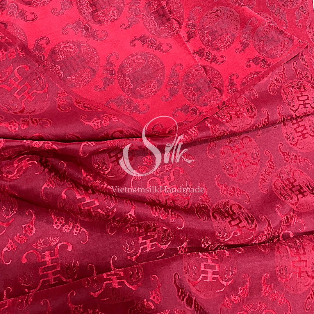 Red Silk with THỌ DƠI patterns - PURE MULBERRY SILK fabric by the yard - Floral Silk -Luxury Silk - Natural silk - Handmade in VietNam- Silk with Design