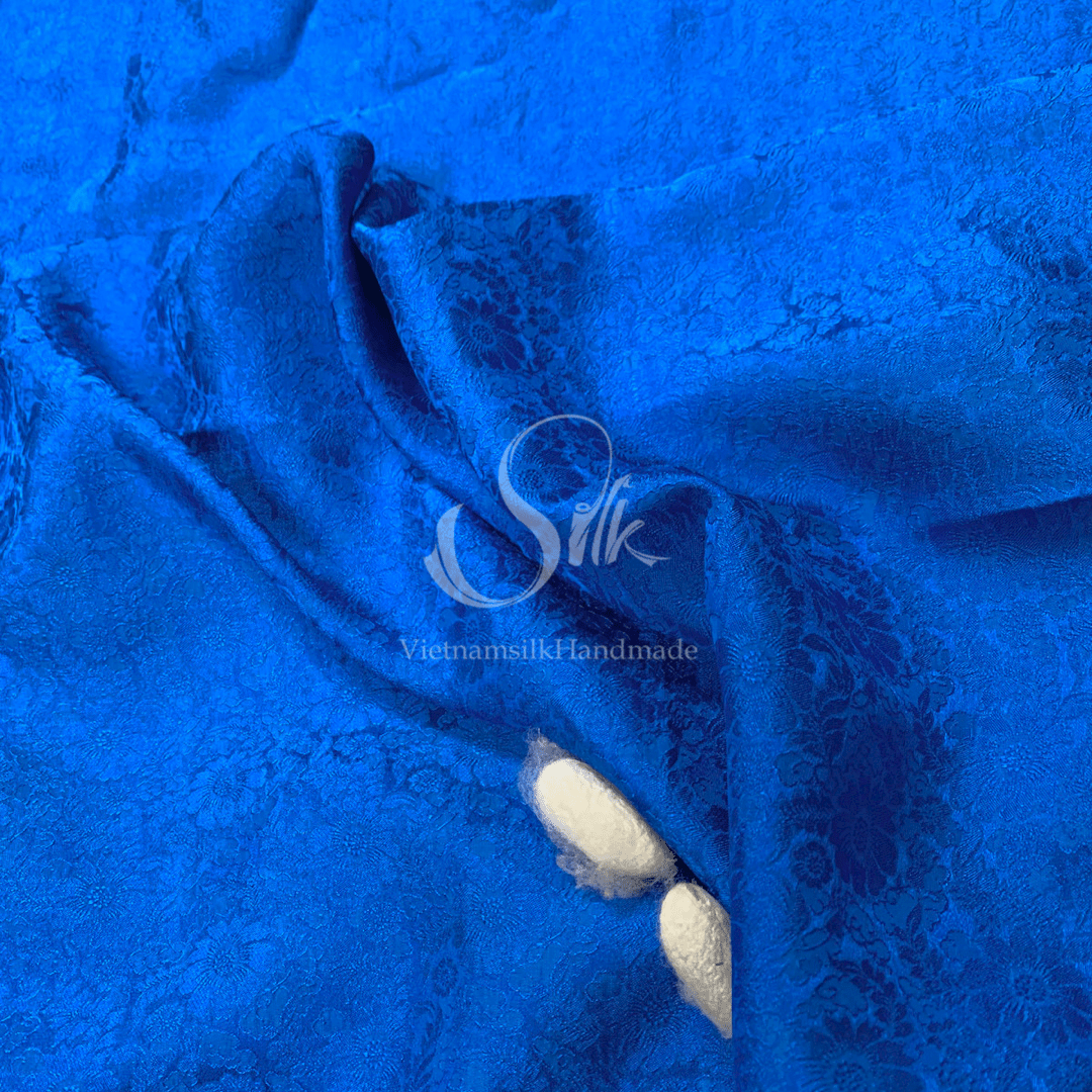 Premium Silk Fabric - Cobalt Blue Floral Silk - HIGH-GRADE - 100% Mulberry Silk fabric by the yard - Luxury silk - Natural silk - Organic Silk - Handmade in Vietnam
