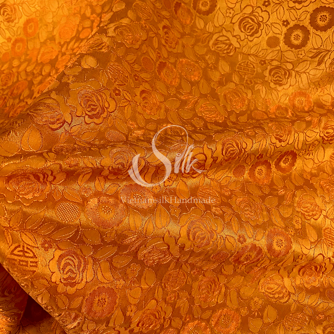 Orange Silk with Rose Flowers - Rose Pattern - PURE MULBERRY SILK fabric by the yard - Floral Silk - Rose Silk -Luxury Silk - Natural silk - Handmade in VietNam- Silk with Design