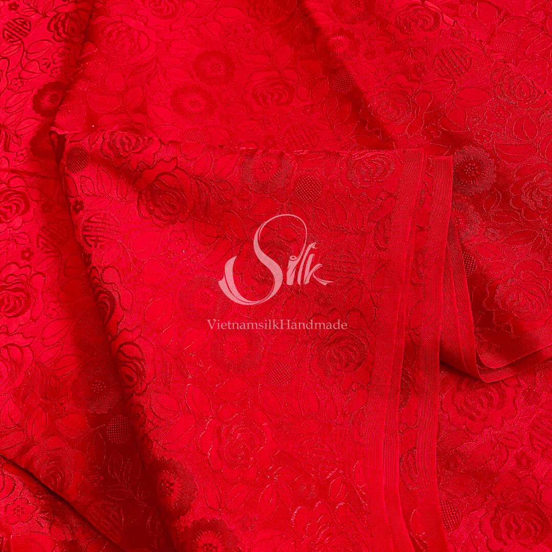Red Silk with Rose Flowers - Rose Pattern - PURE MULBERRY SILK fabric by the yard - Floral Silk - Rose Silk -Luxury Silk - Natural silk - Handmade in VietNam- Silk with Design